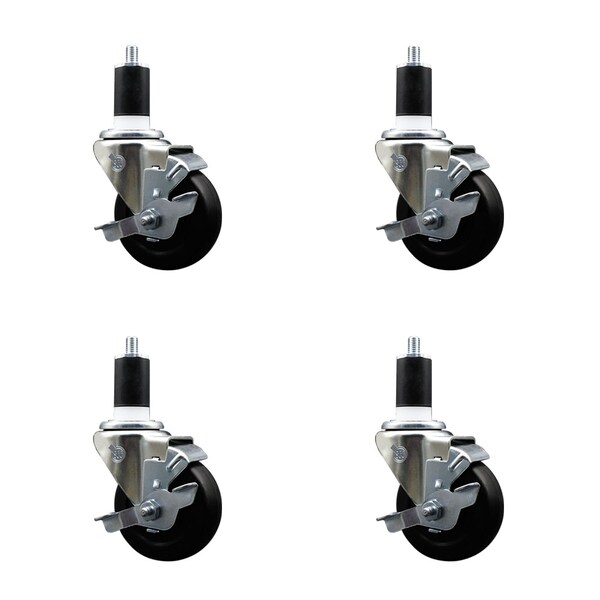 3.5'' SS Hard Rubber Swivel 1-1/2'' Expanding Stem Caster Set with Brake, 4PK